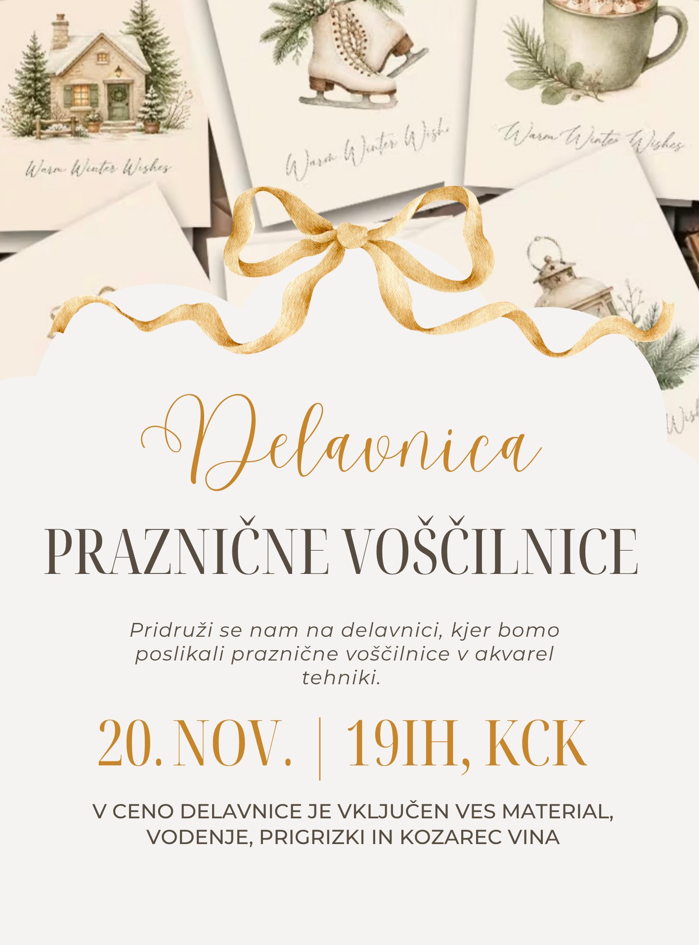 Plakat za delavnico Praznične voščilnice v akvarelni tehniki, 20. november 2026 ob 19.00, KCK Kočevje